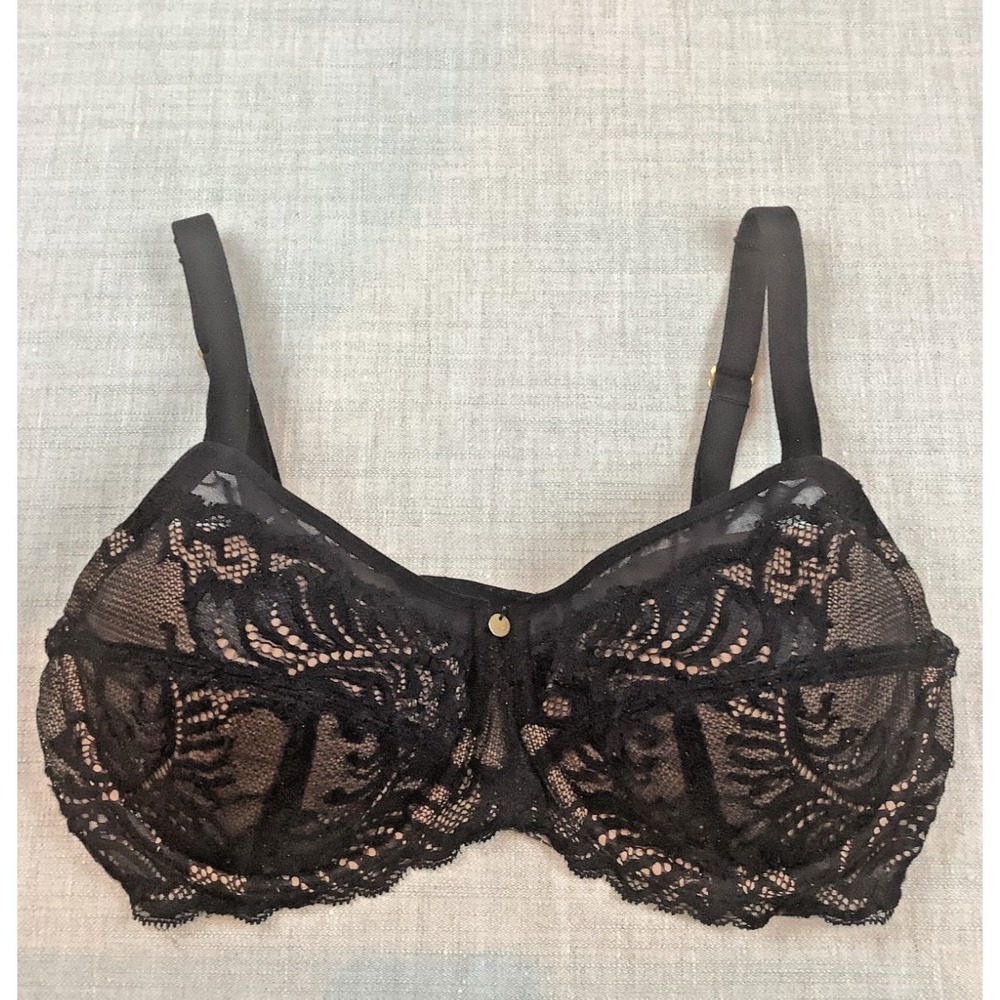 Underwire Lace Bra Josie Natori Lined Black/Buff Romantic 742023 - Size: 32DDD